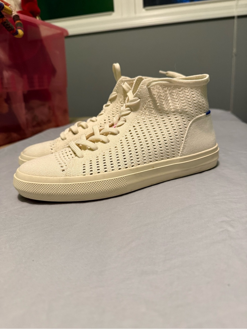 Rothy's Knit High-Top Sneakers in Cream with Lime Insole